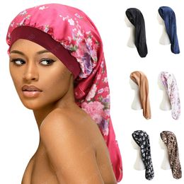 Women Satin Long Hair Sock Cap Sleeping Hat Hair Care Bonnet Wide Band Elastic Floral Hat Baggy Protect Beanie Chemo New