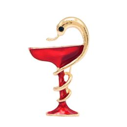 Women Wine Glass Snake Brooch Pin Gold Alloy Enamel Party Lapel Pin Brooches Suit Accessories