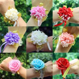 New Artificial Flowers Wedding Decorations Bridal Hand Flower Bridesmaids sisters wrist Corsage Foam Rose Simulation Fake Flowers XD20210