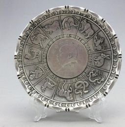 China's Tibet silver handmade Chinese zodiac carving plate