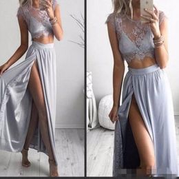 Two Dusty Blue Piece Prom Dresses Sexy Side Slit Satin Lace Short Capped Sleeves Scoop Neck Evening Gown Formal Party Wear