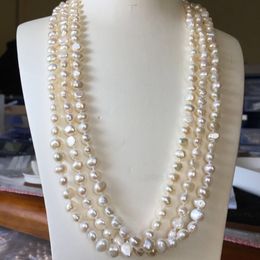 Hand knotted long 180cm 7-8mm baroque white freshwater pearl necklace fashion jewelry