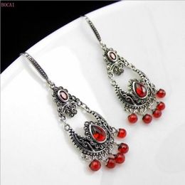 Wholesale-S925 silver earrings ear drop for women inlaid red pomegranate retro tassels hollow pattern thai silver female Earrings 2019