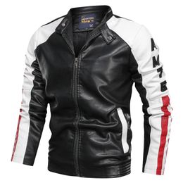 Mens Coat Fashion Clothes Mens Leather Jacket Casual Patchwork Leather Jacket Stand Collar Zipper Men Clothes