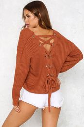 Fashion- Spring autumn sexy backless lace up sweater fashion knitted sweater long sleeve pulloves mix Colours