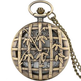 Vintage Bronze Hollow Bamboo Leaf Case Pocket Watch Classic Antique Men Women Quartz Analogue Watches Necklace Chain Cool Clock