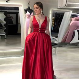 Sexy Red Long Prom Dresses v neck sequined Sparkle Belt Vestido De Festa Open Back Long Evening Dress Party With Poacket Robe De Soiree 2020