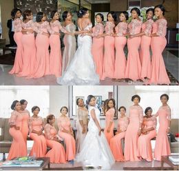 Peach Arabski Afryki Tanie Długie Druhna Suknie Pół Rękawy Plus Size Koronki Syrenka Długa Party Dress Bridemaid Dress Hon Honor Suknie