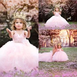 2020 Cheap Pink Ball Gown Girls Pageant Dresses Spaghetti Straps Ruffles Tulle Puffy Crystal Beads Long Kids Flower Girls Birthday Gowns