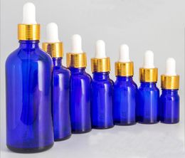 Factory Supply 5ml 10ml 15ml 30ml 50ml 100ml cobalt blue glass dropper bottles for cosmetic essential oil e juice with gold screw cap