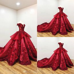 Ball Red Beaded Gown Prom Dresses D Floral Appliqued Lace Off the Shoulder Evening Gowns Court Train Formal Pageant Party Dress s ress