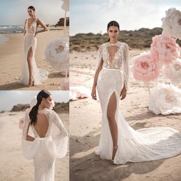 Bohemian Mermaid Modest Wedding Dresses Tulle Lace Applique Crystal Formal Dress Hollow Split Sash Wrap Sweep Train Bridal Gowns