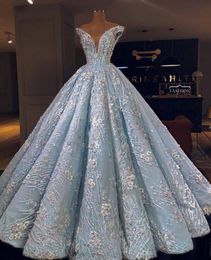 2019 Light Blue Evening Dresses Lace 3D Floral Appliqued Beads Off The Shoulder A Line Ruffles Girls Pageant Dress Custom Made Prom Gowns