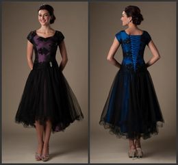 2019 New Royal Blue Black Cocktail Dresses Short With Cap Sleeves Beaded Appliques Lace Appliques Short Front Long Back Prom Dresses 1159
