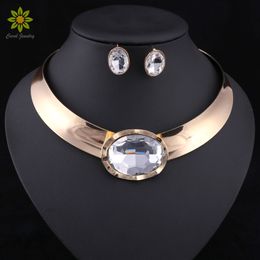 Statement Women Choker Necklace Earrings Set Gold Colour African Chunky Rhinestone Pendant Necklace Collar Jewellery Sets