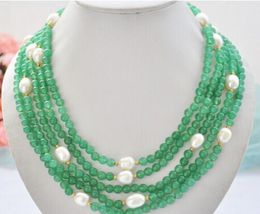 FREE SHIPPING + 5row 6mm round green jade 1 rice white freshwater pearl necklace