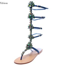 Rontic Gorgeous Women Flat With Sandals Ladies Gladiator Shoes Rhinestone Sandals Gold Blue Party Shoes Women US Plus Size 4-15