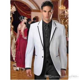 High Quality Two Button White Groom Tuxedos Notch Lapel Groomsmen Best Man Mens Wedding Suits (Jacket+Pants+Vest+Tie) D:169