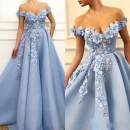 2019 Light Blue Prom Dresses Off Shoulder 3D Floral Appliques Tulle Beaded Evening Dress robes de soirée Custom Made Cocktail Party Gowns