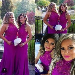 Purple Mermaid Lace Bridesmaid Dresses Beaded Halter Country Maid Of Honor Gowns Floor Length Sleeveless Wedding Guest Dress