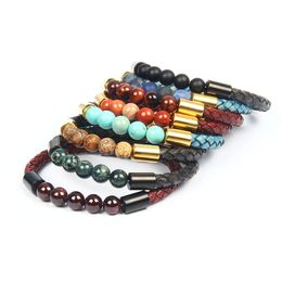 New Genuine Cowhide Leather Bracelet Men With 8mm Stone Beads Stainless Steel Bangle Embedded Clasp Bracelets For Women