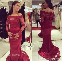 2019 Cheap Burgundy Long Sleeves Prom Dress Mermaid Lace Appliques Formal Holidays Wear Graduation Evening Party Gown Custom Made Plus Siz