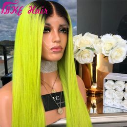 High Temperature Fibre 360 Frontal Long Straight Ombre green lace frontal Wig deep part Synthetic Lace Front Wig For Women