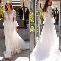 2020 Illusion Bodice Wedding Dresses A Line Applique Lace Wedding Gowns Long Sleeves Sweep Train Slits Vestidos De Novia