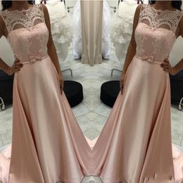 2019 Simple Blush Pink A-Line Prom Dresses Sheer Jewel Neck Illusion Lace Appliques Sash Floor Length Middle East Party Evening Gowns Wear