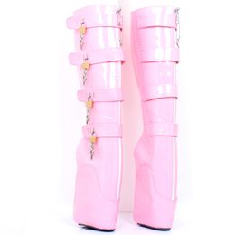 18см экстремальный каблук розовая платформа Super High каблуки балетки Blockable Zip Padlock пряжка ремешок сексуальные фетиш коленные сапоги