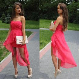 Simple High Low Coral Prom Dresses Strapless Ruched Backless Hi Low Evening Dress Party Gowns 2017 Summer Cheap Cocktail Gown