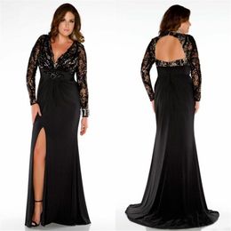 Evening Gown Long Sleeve Black Dress Cheap Deep V Neck Open Back Sexy Lace Formal Wear Floor Length Split Dress Women SD3361