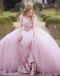 Pink Ball Gown Colourful Wedding Dresses Cap Sleeves Beaded Lace Appliques Tulle Women Non White Coloured Bridal Gowns Custom Made
