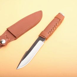 New Outdoor Survival Straight Hunting Knife High Carbon Steel Satin Blade Full Tang Leather Handle Knives With Leather Sheath