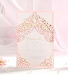 Pink Laser Cut Bronzing Crown Wedding Party Invitation Cards,Customized Marriage Engagement Invitations,100PCS, Express Shipping