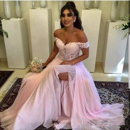2019 Off Shoulder Lace Appliques Pink Long Bridesmaids Dresses Sexy Split Formal Long Vestidos De Bridesmaids Honour Of Maid Cheap Robe