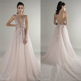2020 Fairy Prom Dresses Deep V Neck Lace 3D Floral Appliqued Beads Sexy Backless Evening Gowns A Line Sweep Train Formal Party Dress
