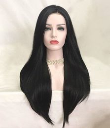 -Großhandel Black Pearl Frontal Lace Perücke Wärme sichere synthetische gerade Perücken lange Seide schwarz Stil für Frauen