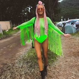 Women's Jumpsuits & Rompers Neon Green Fishnet Grid Bodysuits Tassels Long Sleeve See Through Jumpsuit Women Party Clubwear Rave Festival Cl