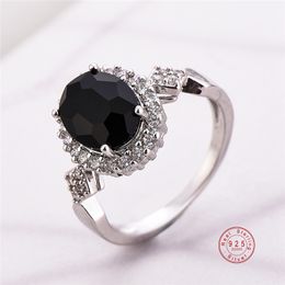 Genuine Jewellery 925 Sterling Silver Stackable Ring Round Black CZ Crystal Finger Rings for Women Wedding Party Bague Bijoux