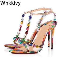 Colourful Rivet Ball Gladiator Sandals Women thin High Heels Open Toe T-strap Summer Transparent clear PVC Sandalias fairy shoes