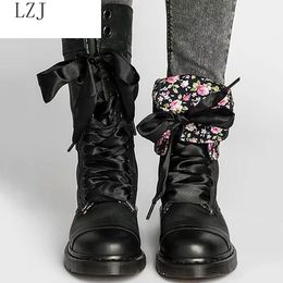 hot sale2019 fashion motorcycle boots for girls spring autumn wedges sturdy sole mid calf boots woman lace up solid casual shoes women