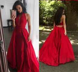 Sexy Deep V-neck Red Evening Dresses Two Layers Pleats Open Back Dresses Evening Wear Cheap Prom Dress robe de soiree Formal Elegant Gowns