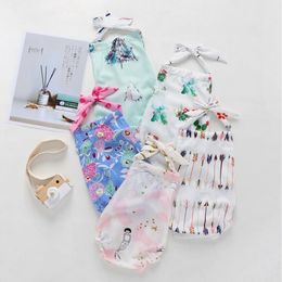 Baby Rompers Ins Toddler Suspenders Bowknot Jumpsuits Summer Kids Cartoon Printed Bodysuit Newborn Soft Ruffle Fold Lace Climb Suit AYP289