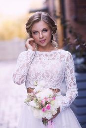 2020 White A-line Wedding Dresses Jewel Tulle Skirt Bridal Dress Long Sleeve Plus Size Wedding Gowns Vestidos De Novia 77303P