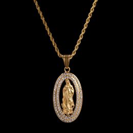 Fashion-Gold Stainless Steel Iced Out Rhinestone Virgin Mary Oval Pendant Necklace Chain for Men & Women Hip Hop Religious Jewelry Gifts