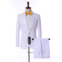 New Arrivals One Button White Paisley Groom Tuxedos Shawl Lapel Groomsmen Best Man Party Mens Wedding Suits (Jacket+Pants+Tie) K4