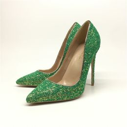 Europa e Stati Uniti nuovo colore verde paillettes celebrità tacco alto scarpe 12 cm tacco a punta scarpe da banchetto poco profonde formato personalizzato 33-45