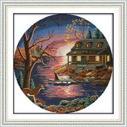Sunset lake villa home decor painting ,Handmade Cross Stitch Embroidery Needlework sets counted print on canvas DMC 14CT /11CT