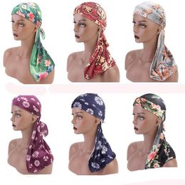 NEW Textile Velvet Print Floral Durag Long Tail Wide Straps du rag Bandanas doo rag Turban Headband Flower Hair Accessories